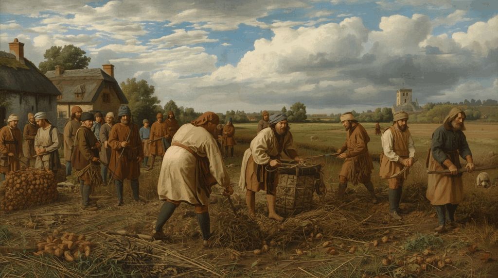 Camponeses medievais trabalhando a terra como servos no sistema feudal