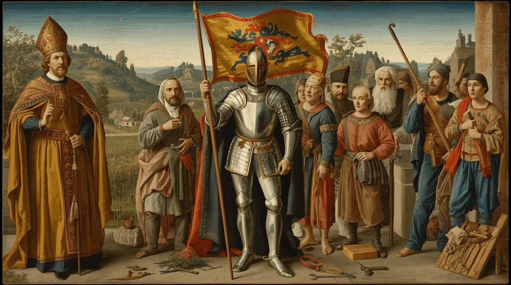 Ilustração dos três estados da sociedade medieval: clero, nobreza e camponeses