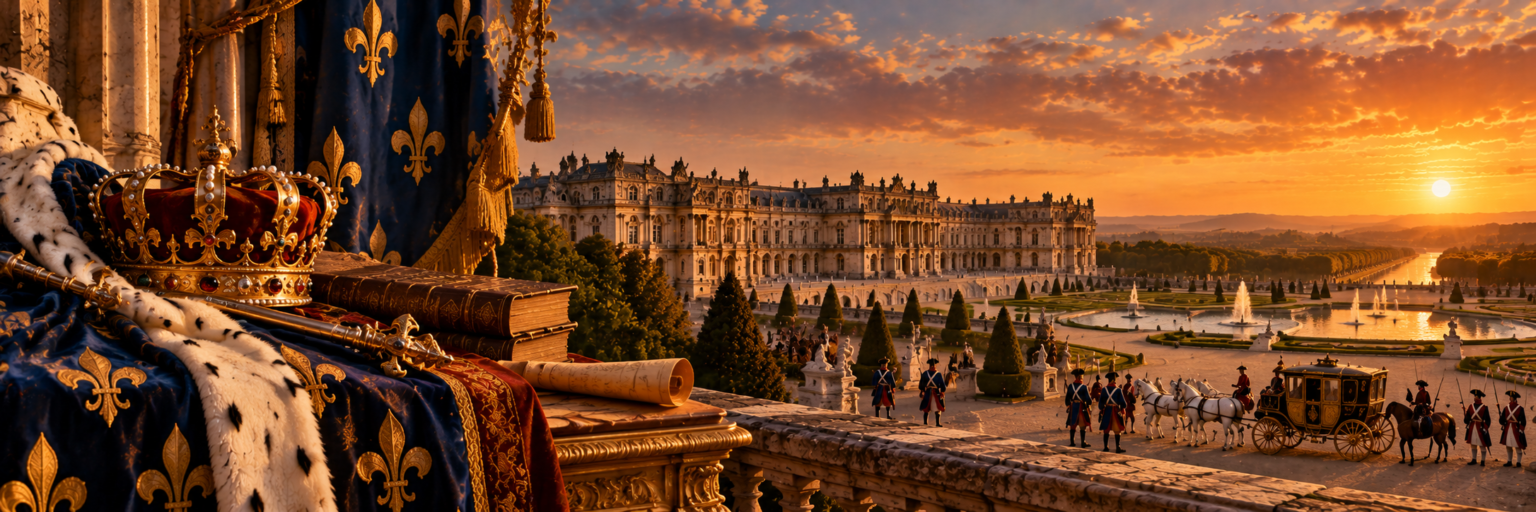 Ilustração artística do Palácio de Versalhes ao pôr do sol, com jardins, fontes e carruagem, e em primeiro plano a coroa real, o manto de arminho e estandartes com a flor-de-lis da monarquia francesa
