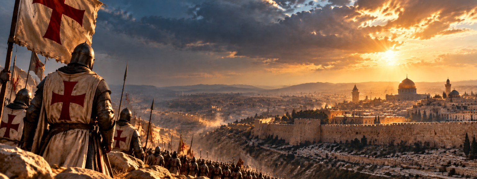 Ilustração artística de cavaleiros cruzados com estandartes observando as muralhas de Jerusalém ao pôr do sol