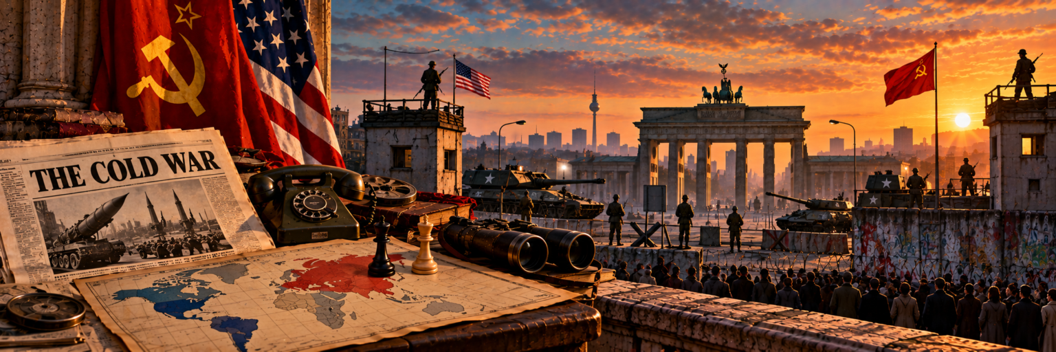 Ilustração artística da Guerra Fria: o Portão de Brandemburgo e o Muro de Berlim ao pôr do sol, com tanques, soldados e torres de vigia, multidão diante do muro e bandeiras dos Estados Unidos e da União Soviética; em primeiro plano, telefone vermelho, binóculos, peças de xadrez sobre um mapa-múndi dividido em blocos e um jornal com a manchete The Cold War