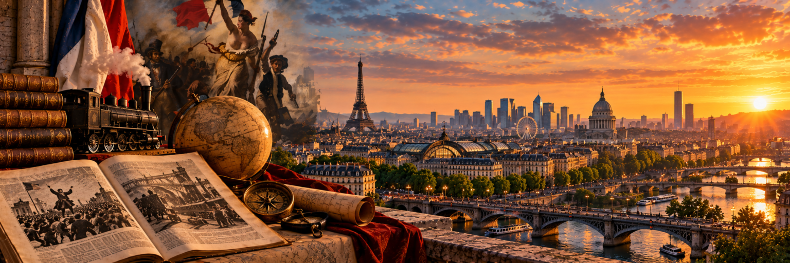 Ilustração artística sobre a Idade Contemporânea: à esquerda, uma cena inspirada na Revolução Francesa com bandeira tricolor, uma locomotiva a vapor, globo, bússola e livros de História abertos; à direita, panorama de Paris ao pôr do sol com a Torre Eiffel, pontes sobre o rio Sena e arranha-céus modernos ao fundo
