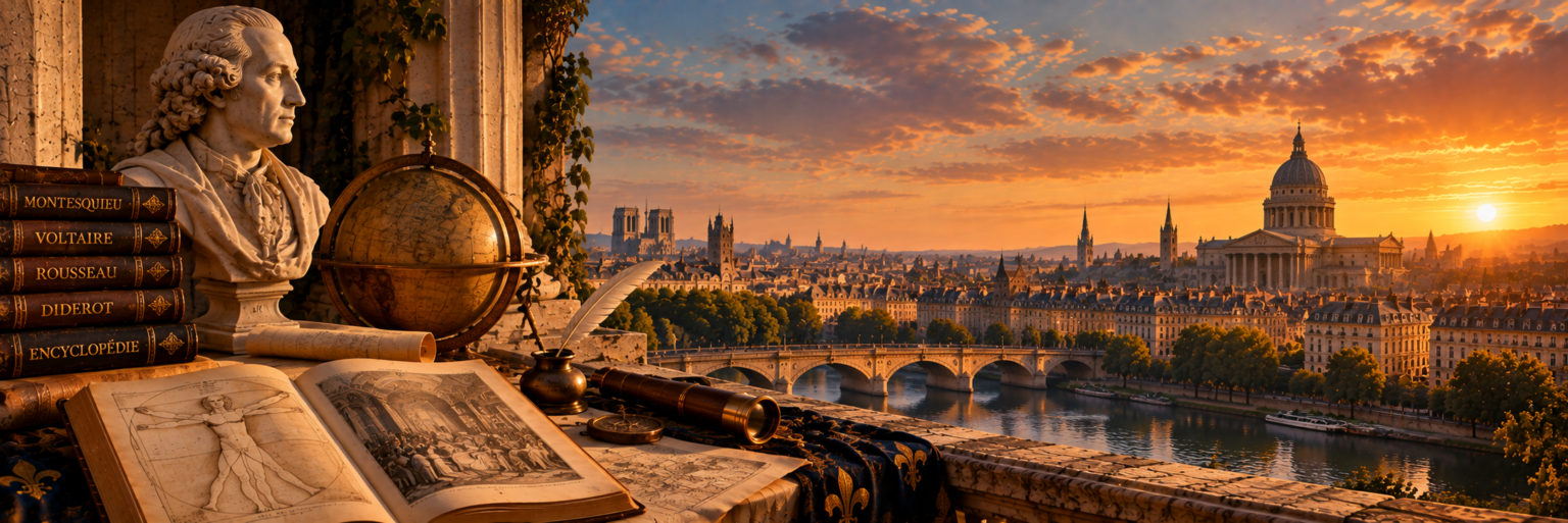 Ilustração artística de Paris ao pôr do sol vista de uma sacada, com o rio Sena e uma cúpula ao fundo, e em primeiro plano um busto de filósofo, um globo, uma pena e livros de Montesquieu, Voltaire, Rousseau, Diderot e da Enciclopédia
