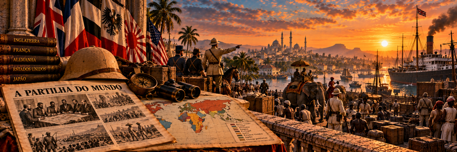 Ilustração artística sobre o Imperialismo ao entardecer: oficiais coloniais diante de um porto tropical com navios a vapor, carregadores e mercadorias, e em primeiro plano bandeiras das potências, capacete colonial, mapa-múndi e jornal com a manchete A partilha do mundo