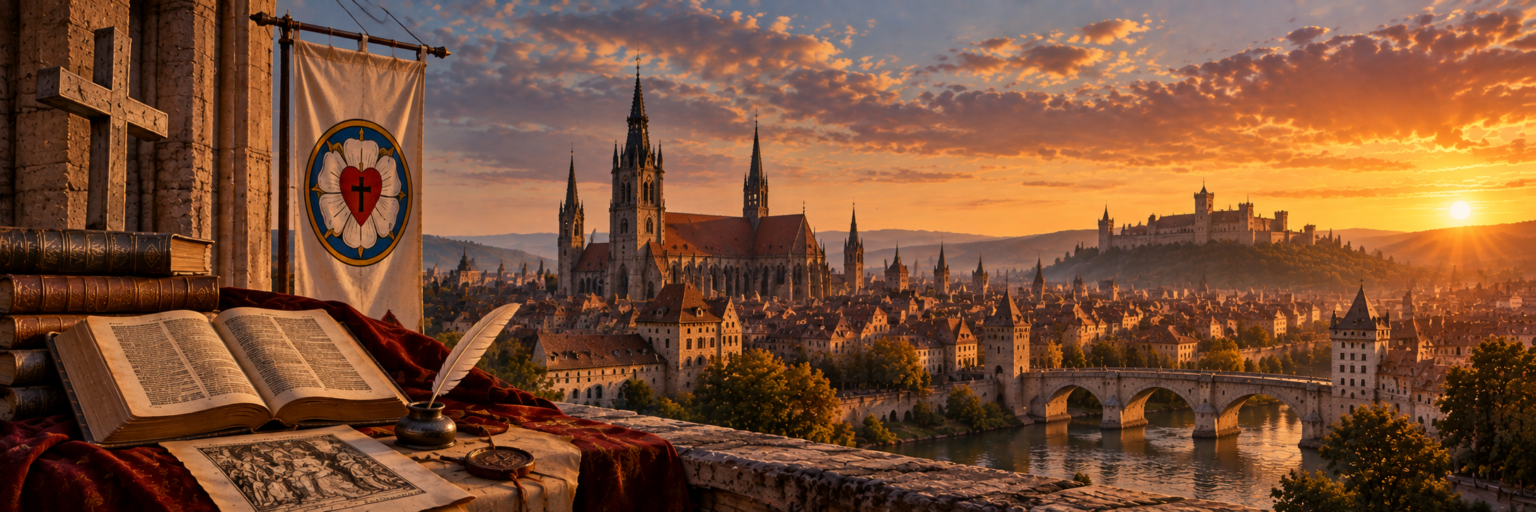 Ilustração artística de uma cidade alemã do século XVI ao pôr do sol, com igreja gótica, castelo na colina e ponte de pedra, vista de uma janela com Bíblia aberta, pena e estandarte com a rosa de Lutero