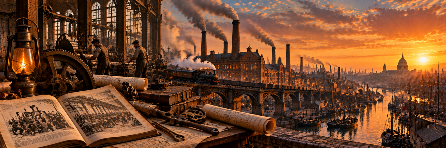 Ilustração artística de uma cidade industrial inglesa do século XIX ao pôr do sol, com chaminés soltando fumaça, trem a vapor sobre um viaduto, porto com navios e operários em uma fábrica, e em primeiro plano lampião, engrenagens, ferramentas e um livro aberto com gravuras