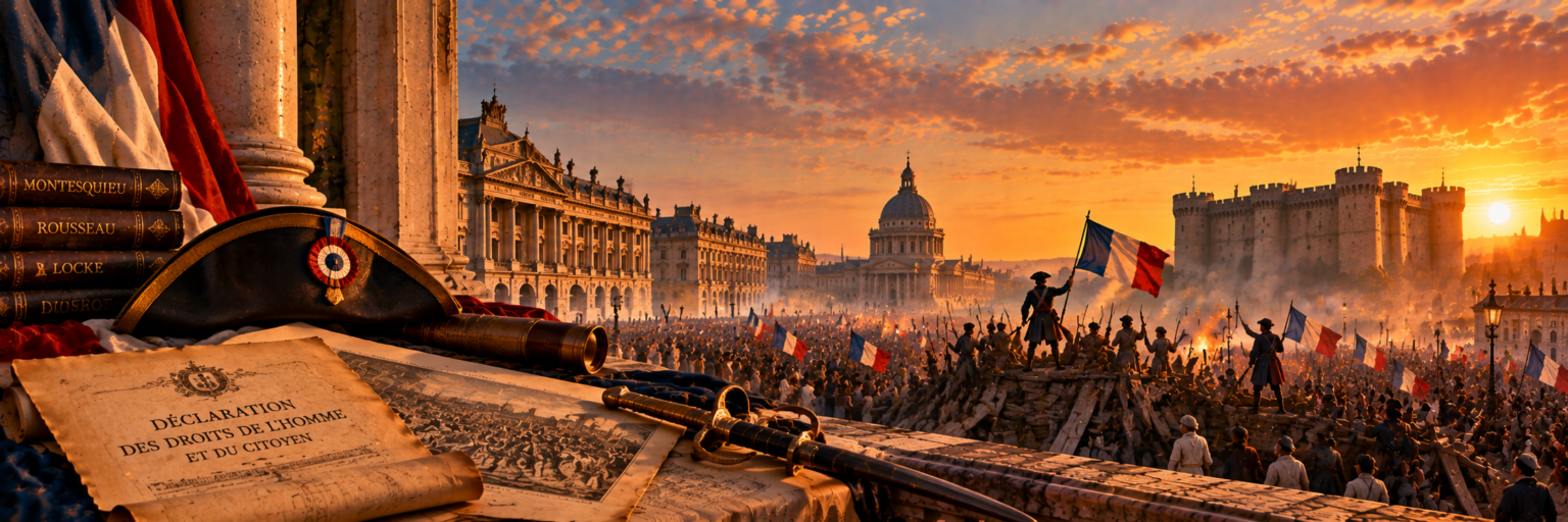 Ilustração artística da Revolução Francesa ao entardecer, com multidão e bandeiras tricolores diante da Bastilha, e em primeiro plano a Declaração dos Direitos do Homem e do Cidadão, um chapéu com cocar tricolor e livros de Montesquieu, Rousseau e Locke