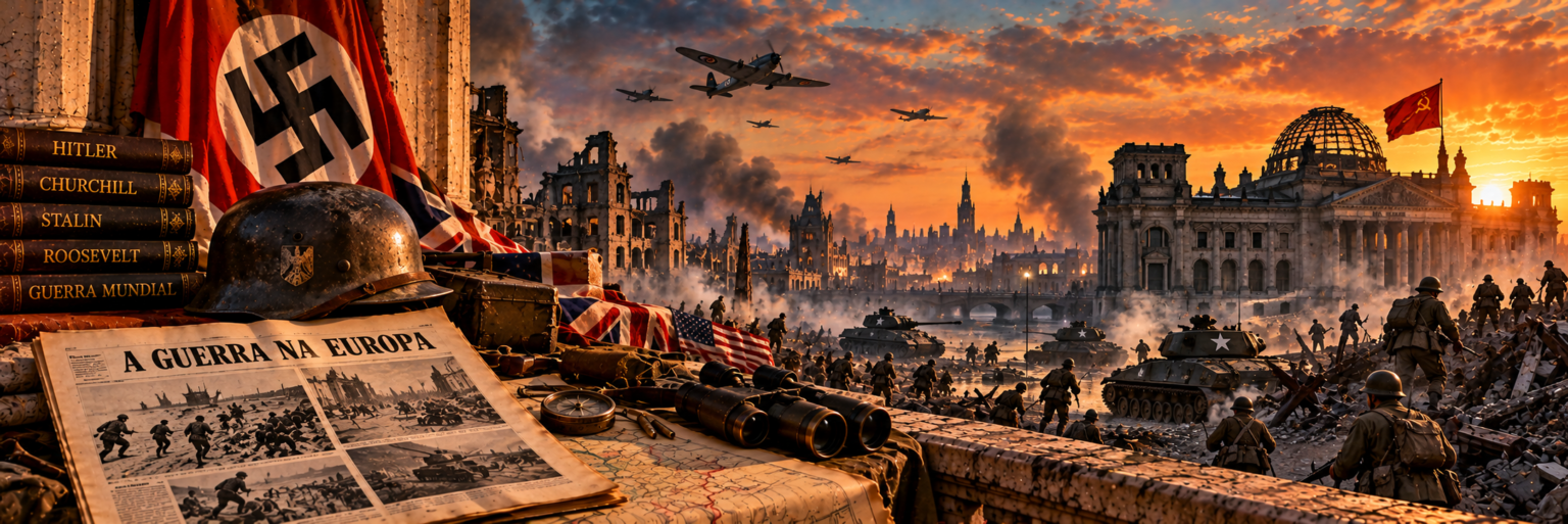 Ilustração artística sobre o fim da Segunda Guerra Mundial na Europa: soldados e tanques entre as ruínas de Berlim, com a bandeira soviética sobre o Reichstag ao pôr do sol e aviões no céu; em primeiro plano, capacete, binóculos, mapa, bandeiras dos Estados Unidos e do Reino Unido, bandeira nazista, livros com os nomes Hitler, Churchill, Stalin e Roosevelt e um jornal com a manchete A guerra na Europa