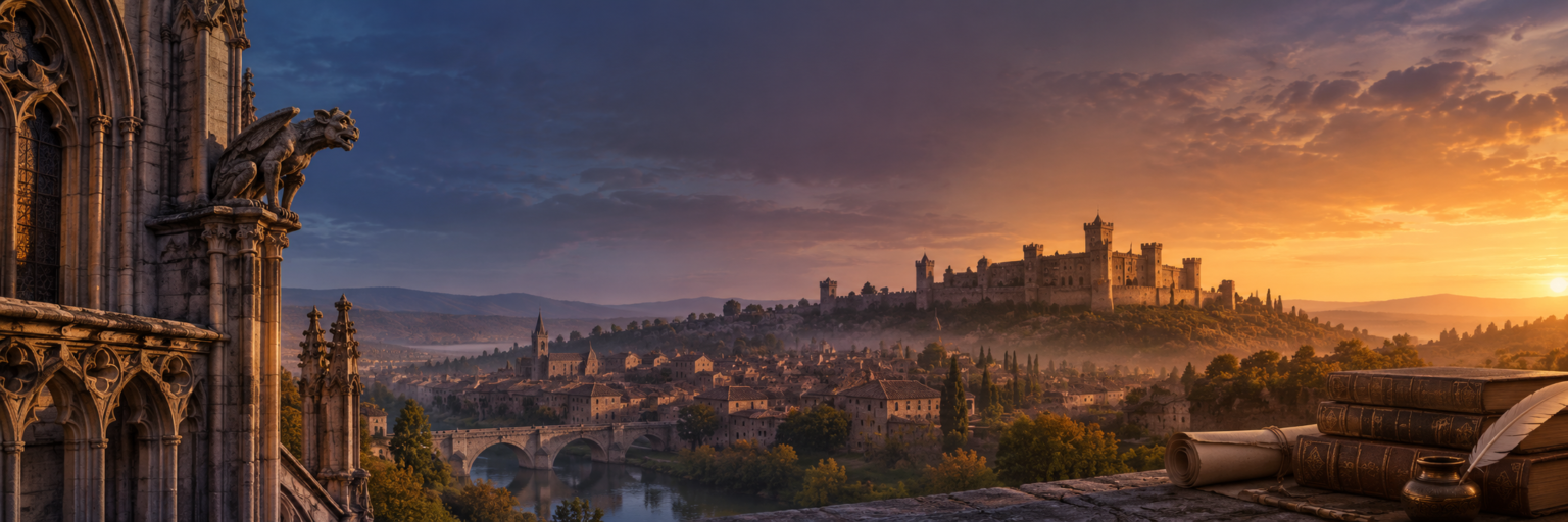 Ilustração artística de uma cidade medieval ao pôr do sol vista do alto de uma catedral gótica, com gárgula, castelo, ponte de pedra e livros com pena e pergaminho