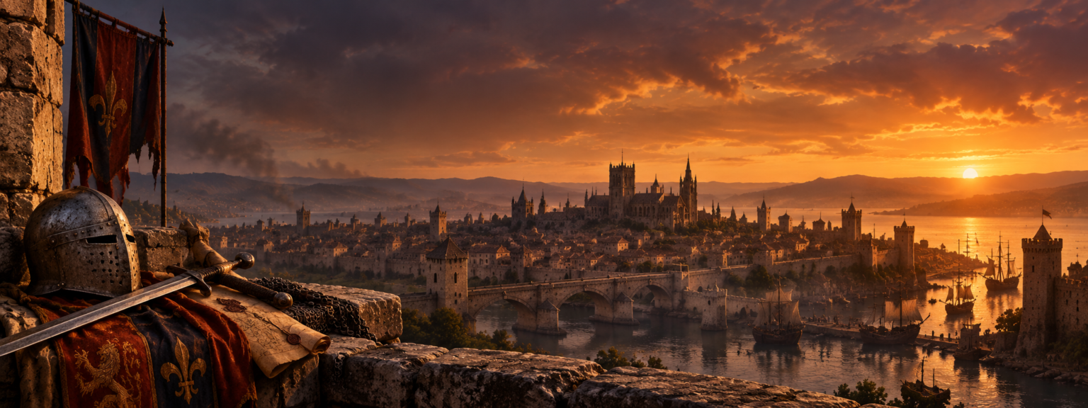 Ilustração artística de uma cidade medieval portuária ao pôr do sol, com catedral gótica, ponte de pedra e navios, vista de uma muralha com elmo, espada e estandarte com flor-de-lis