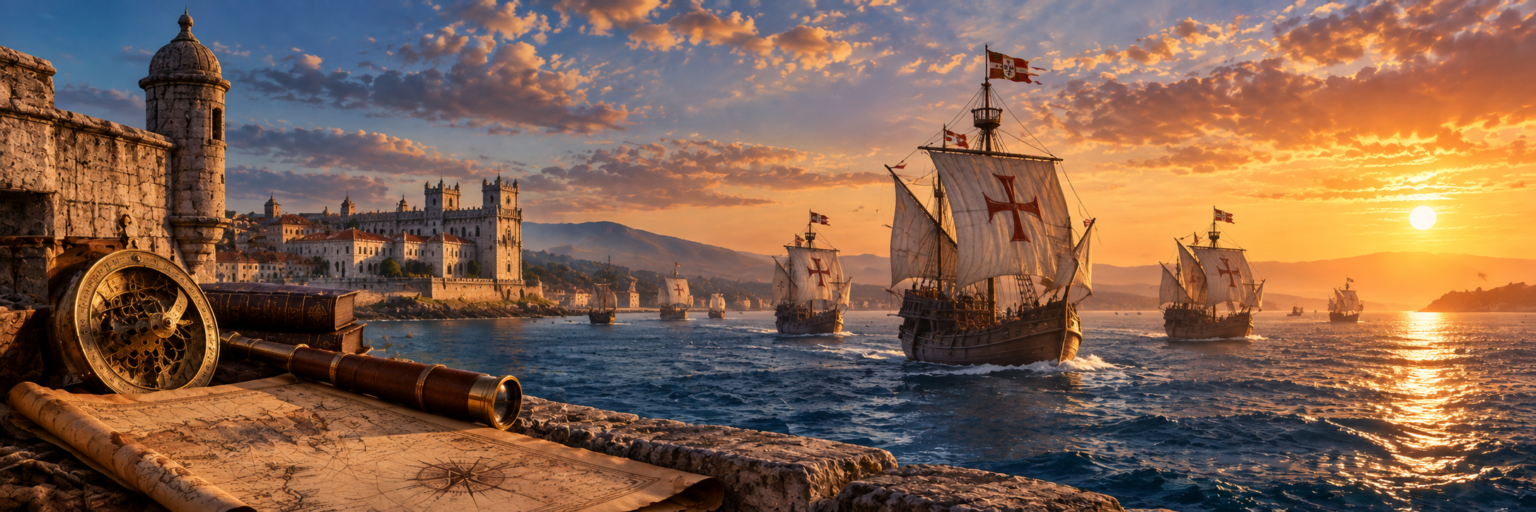 Ilustração artística de caravelas portuguesas com a Cruz da Ordem de Cristo nas velas partindo de um porto fortificado ao pôr do sol, com astrolábio, luneta, livros e carta náutica em primeiro plano